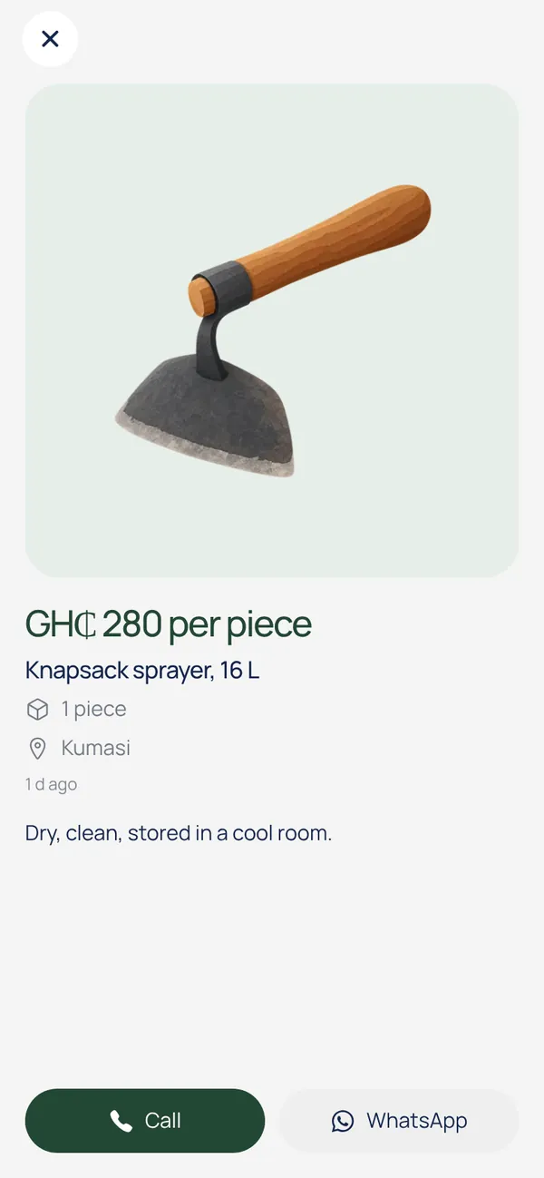 A market listing with a photo, the price, the town and buttons to call or message the seller
